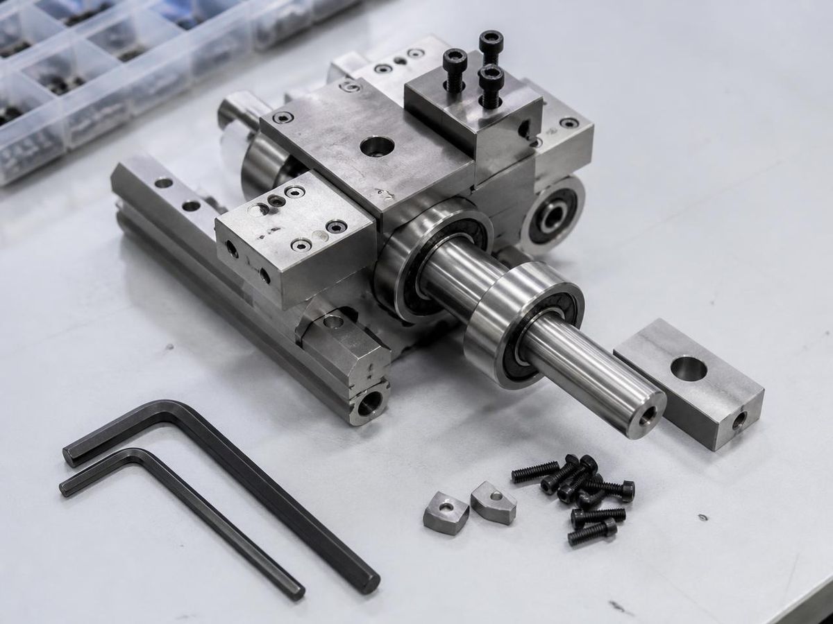 Teilmontierte mechanische Baugruppe aus gefertigten Metallteilen auf der Werkbank