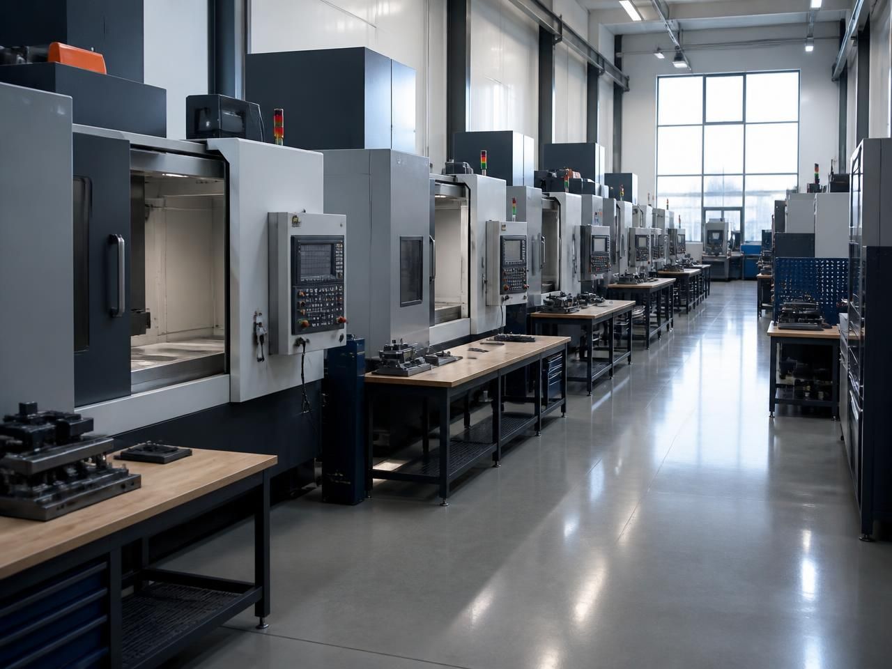 Reihe von CNC-Bearbeitungszentren in einer hellen Fertigungshalle