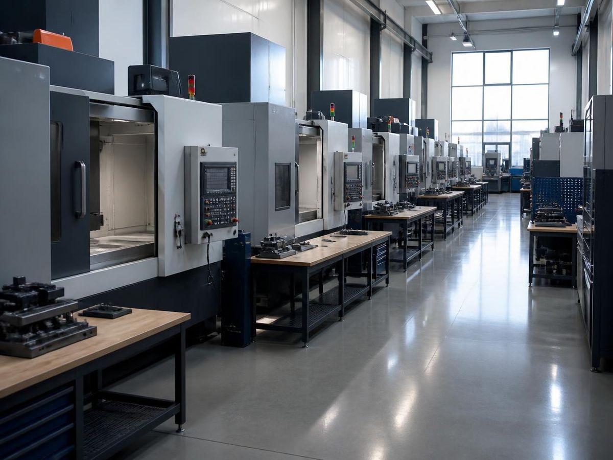 Aufgeräumte Fertigungshalle mit CNC-Bearbeitungszentren